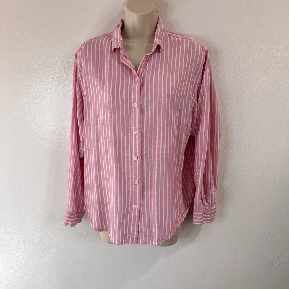 beachlunchlounge Shirt Blouse M Button Front Pink White Striped High Low